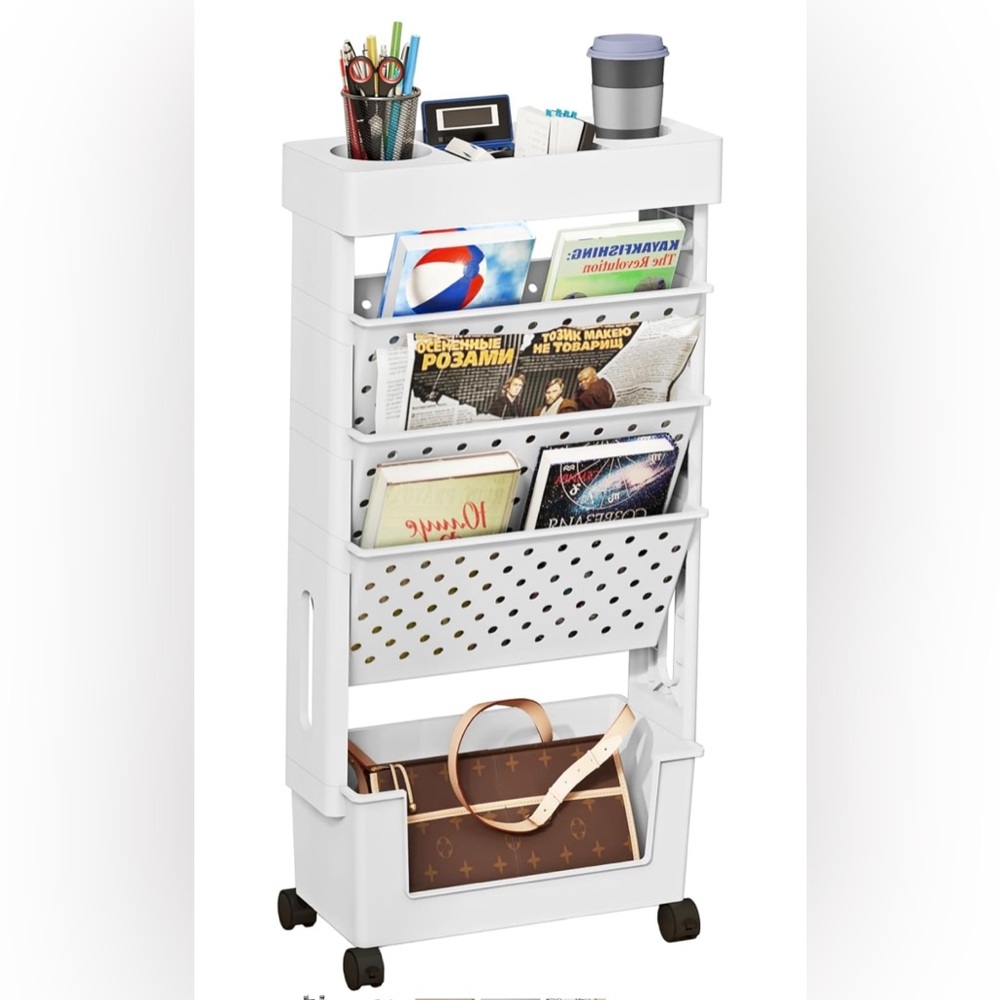 5-Tier Bookshelf, Book Storage Organization with Wheels Mobile Rolling Book